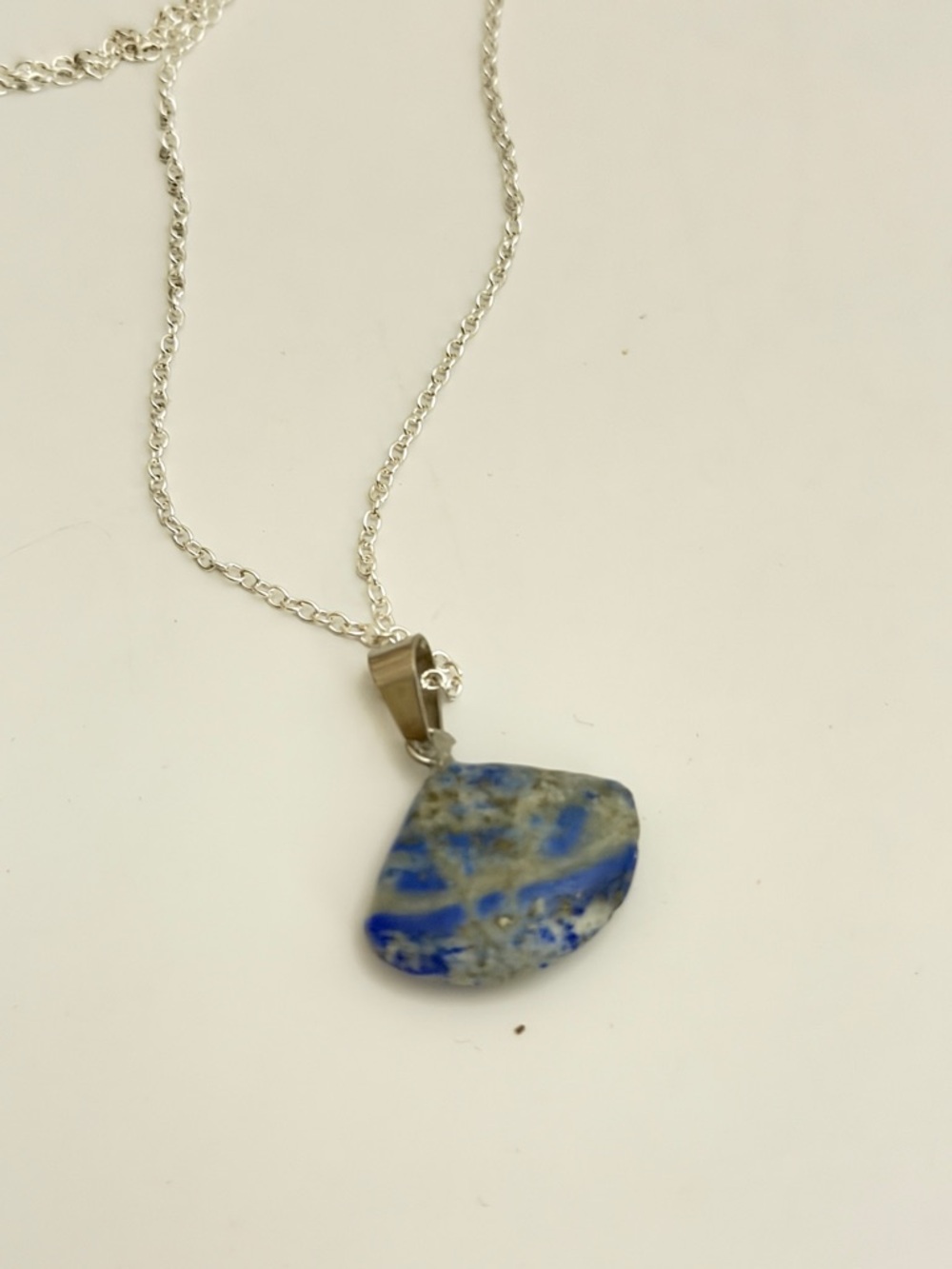 New S925 Sterling Silver Chain Necklace Artisan Blue Lapis Lazuli Fan Pendant - Picture 8 of 12